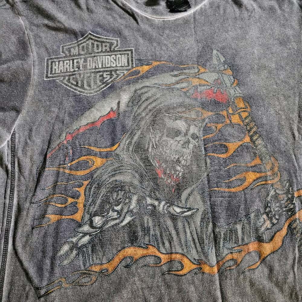 Harley Davidson Grim Reaper Flame Graphic T-Shirt Gray Vintage Wash Large Y2K